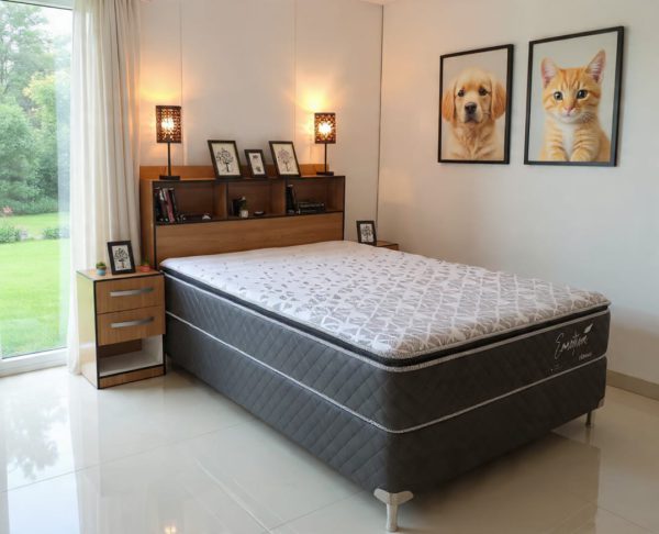 Sommier Emotion Plus + Cabecera Multi-Estante + 2 Mesitas Cubanas con 2 Cajones (con 4 opciones de tamaños)