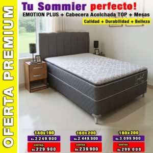SOMMIER EMOTION PLUS + CABECERA ACOLCHADA + MESAS (3 tamaños)