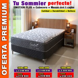 SOMMIER EMOTION PLUS + CABECERA BELLA + MESAS CON UN CAJON (3 tamaños)