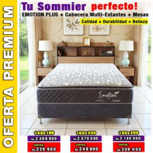 SOMMIER EMOTION PLUS + CABECERA MULTIESTANTE + MESAS (3 tamaños)