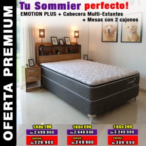 SOMMIER EMOTION PLUS + CABECERA MULTIESTANTE + MESAS CON 2 CAJONES (3 tamaños)