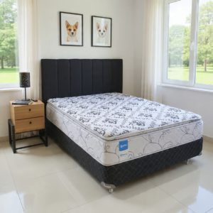 Sommier Koala Premium 140x190 + Cabecera Acolchada + 1 Mesita madera y metal