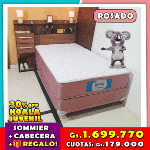 Koala Juvenil 100x190 Rosa + Cabecera Fantastica con Multi-estantes y Multicajones