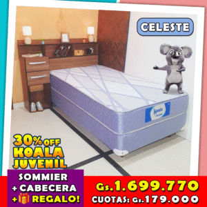 Koala Juvenil 100x190 Celeste + Cabecera Fantastica con Multi-estantes y Multicajones